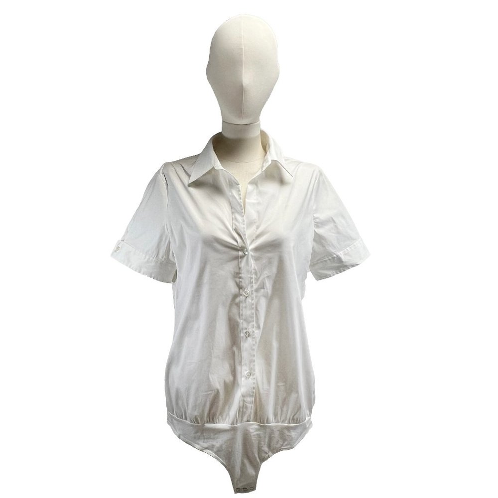 THEORY white cotton button-down short sleeve body-shirt sz L